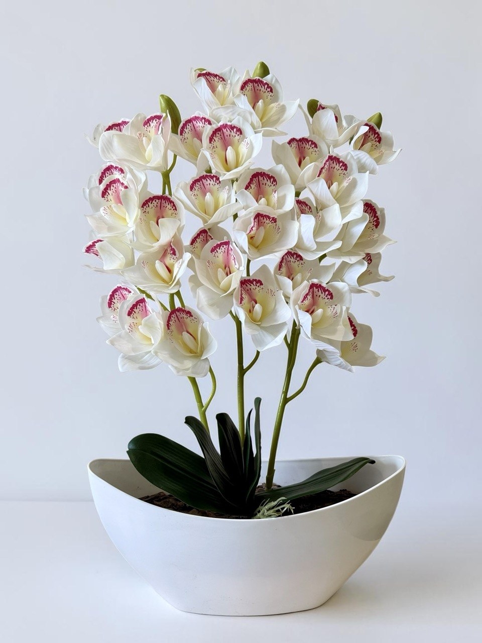 Орхідея штучна Цимбідіум в вазоні білого кольору три гілки