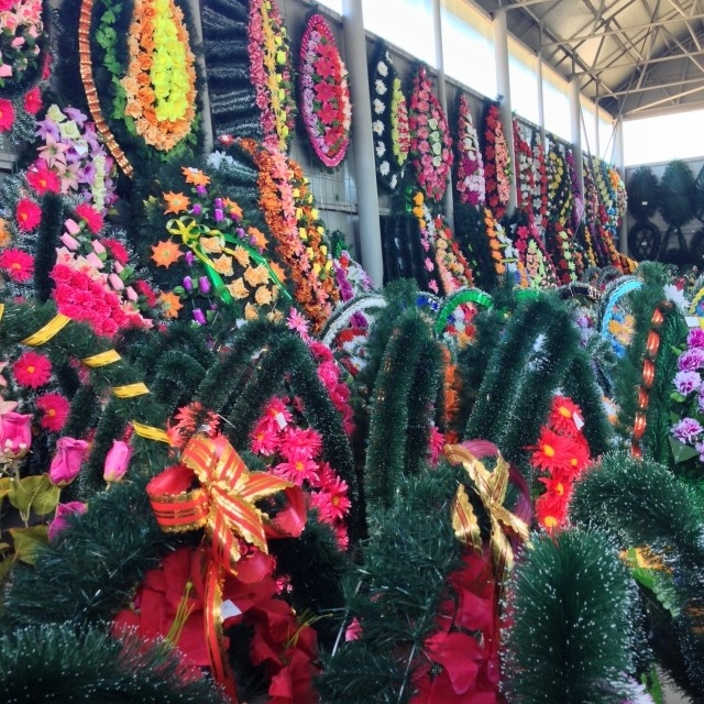 Wreaths store, artificial flowers and trees Exhibition Hall. Ukraine, Lutsk